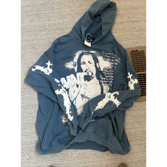 Saint Tears Graphic Hoodie Vintage Washed Blue Men’s Size Large NWT Heavyweight - Picture 13 of 14